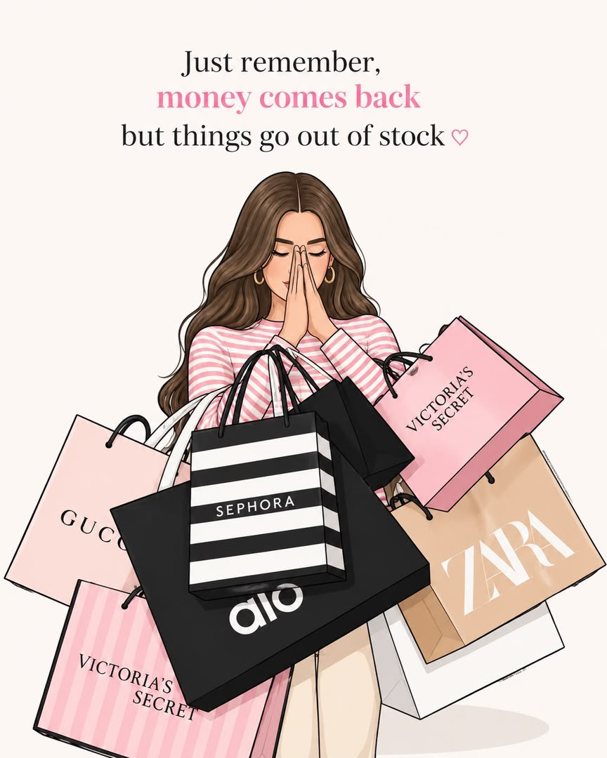 Just remember, money comes back but things go out of stock. An illustrated shopper with shopping bags.